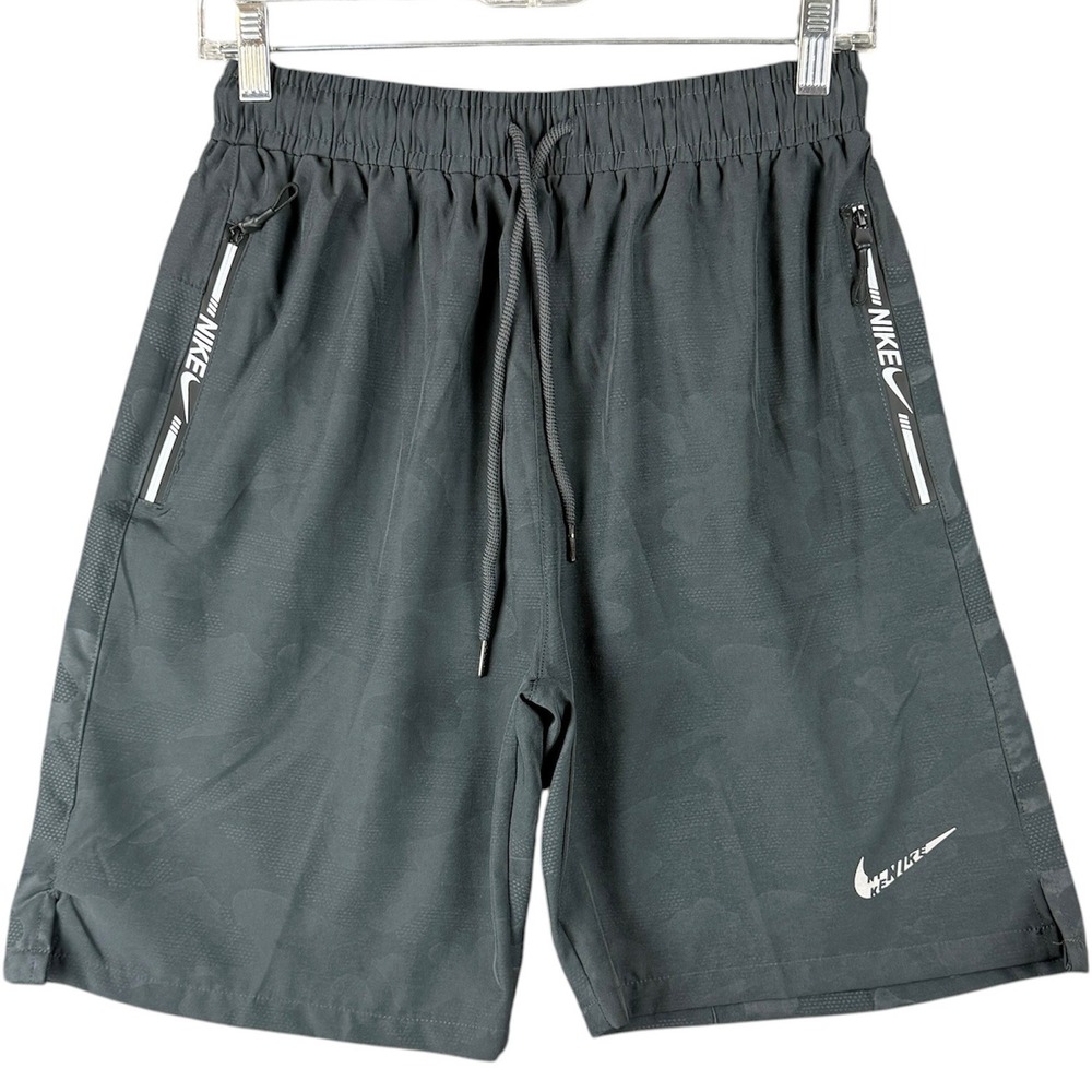 Nike Mens XL Charcoal Gray Camo Athletic Shorts Zipper Pockets Drawstring Gym